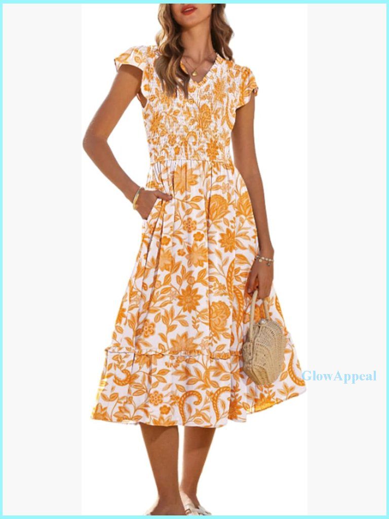 Flutter Sleeve Smocked Midi Dress With Pockets, Wedding Guest Casual